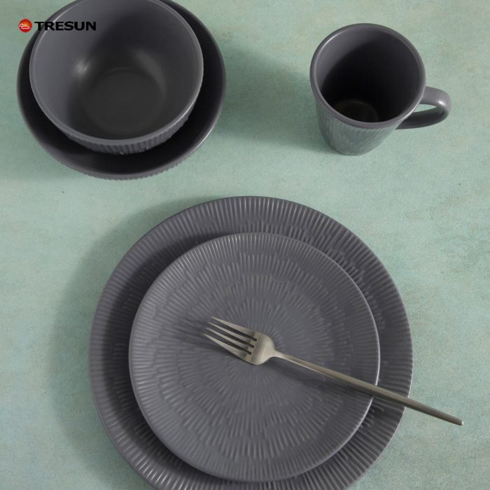 Embossed Grey Color Stoneware Dinnerware Set TRSC2504029