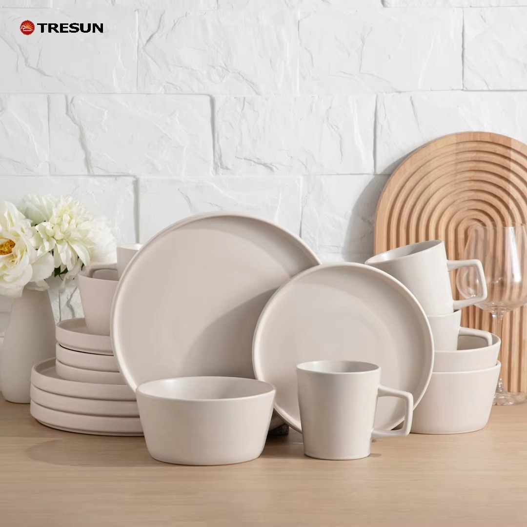 16 Pieces Restaurant Hotel Luxury Beige Stoneware Dinnerware (1)